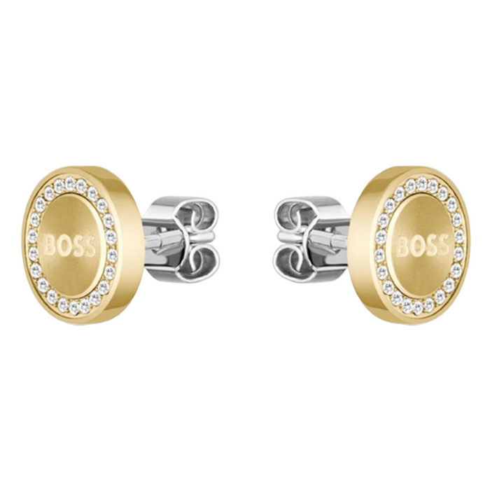 Boss Women's Ionic Plated Thin Gold Steel & Crystal Earrings - 1580557