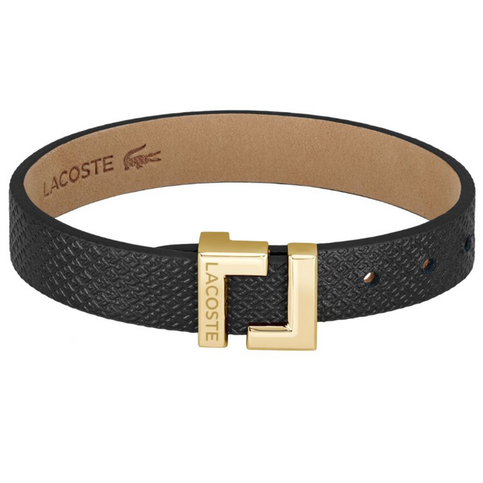 Lacoste Women's Ionic Plated Thin Gold Steel Black Leather Bracelet - 2040166