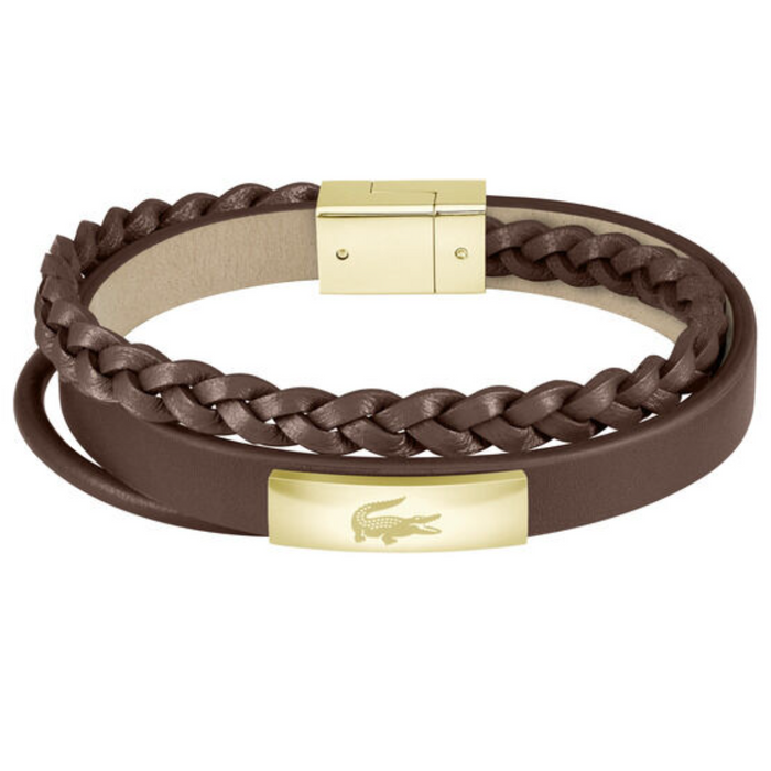 Lacoste Men's Ionic Plated Thin Gold Steel Brown Leather Bracelet - 2040317