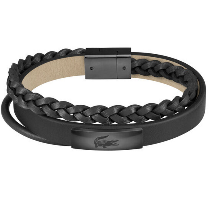 Lacoste Men's Ionic Plated Black Steel Black Leather Bracelet - 2040318