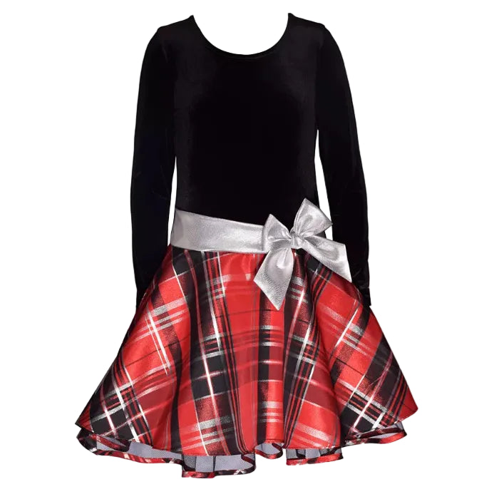 Bonnie Jean - Long Sleeve Velvet Bodice Dress with a Plaid Skirt