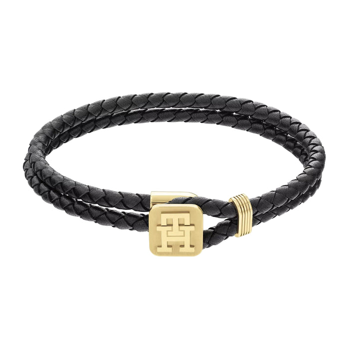 Tommy Hilfiger Men's Ionic Plated Thin Gold 2 Steel Black Leather Bracelet - 2790531