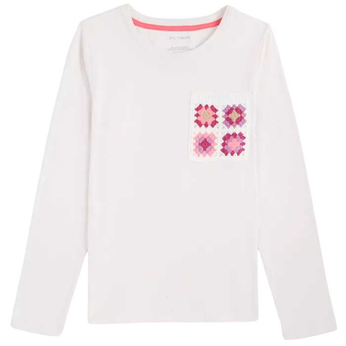 Epic Threads - Big Girls Crochet-Pocket Long Sleeves Snowfall White