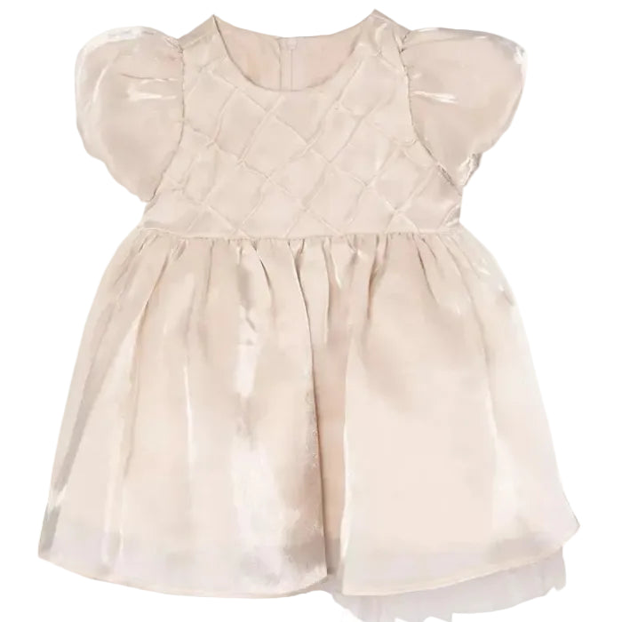Rare Editions - Cream Colored Oraganza Social Dress featuring a Quilted PintuckBodice and Bubble Sleeves