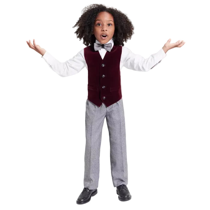Nautica - Toddler and Little Boys Burgundy Velvet Duo Vest 4-Piece Set