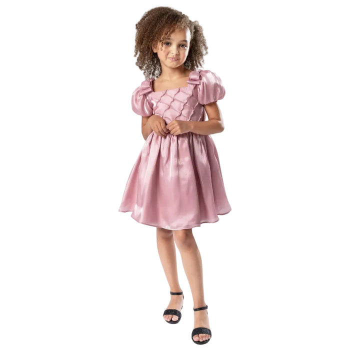 Rare Editions - Pink Shimmer Oraganza Dress with Bubble Sleeves and Shoulder Bows