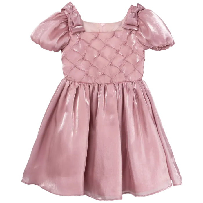 Rare Editions - Pink Shimmer Oraganza Dress with Bubble Sleeves and Shoulder Bows