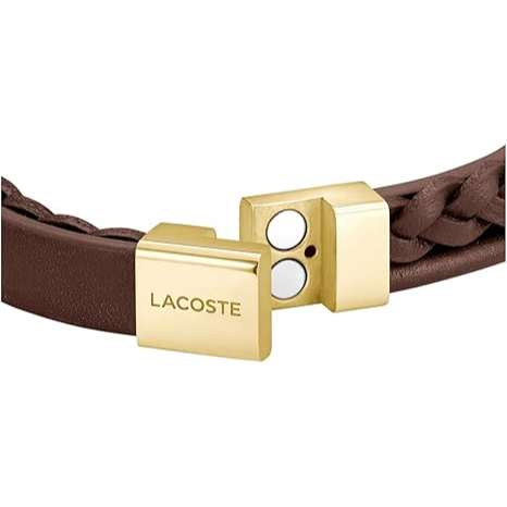Lacoste Men's Ionic Plated Thin Gold Steel Brown Leather Bracelet - 2040317
