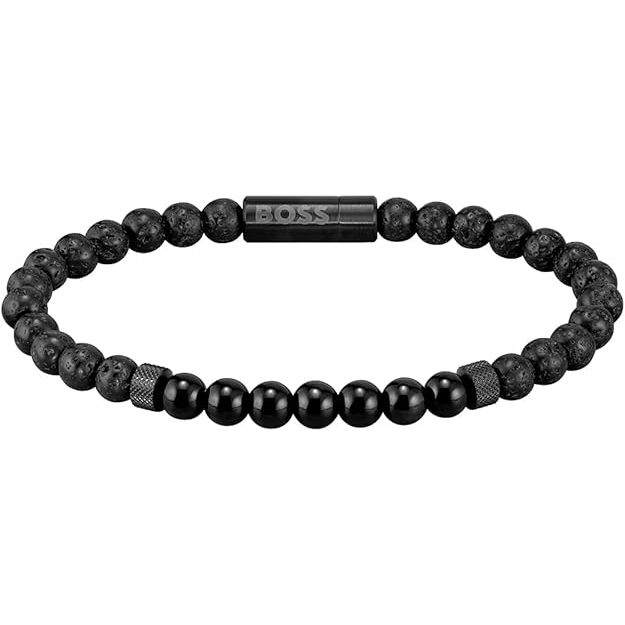 Boss Men's SS Black Lava Stone & Black Onyx & Fish Silk Thread Bracelet - 1580272