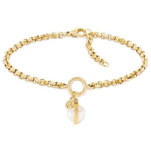 Tommy Hilfiger Women's Ionic Plated Thin Gold 2 Steel and White Pearls Bracelet - 2780765