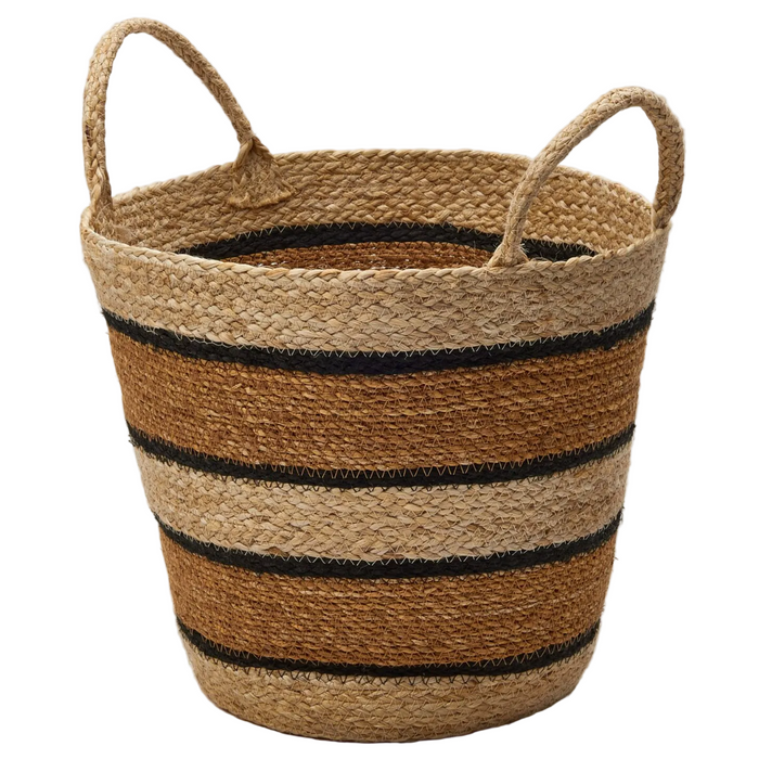Brown and Black Horizontal Stripes Woven Storage Basket