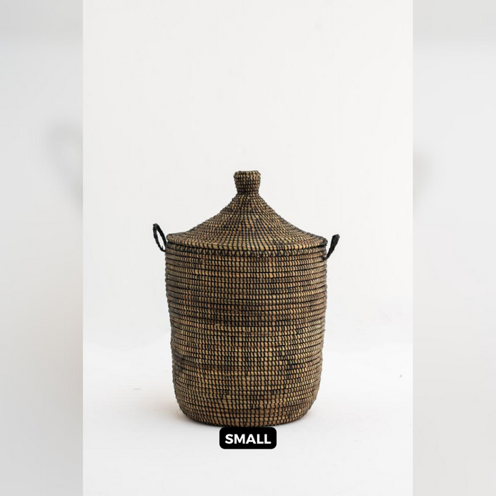 Laundry Seagrass Basket with Lid -Black Handle