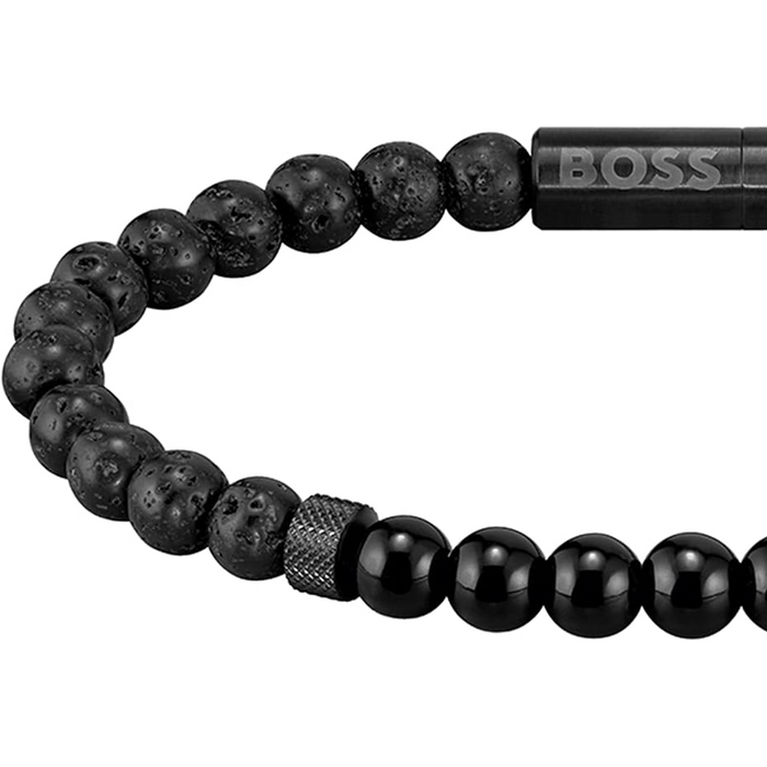 Boss Men's SS Black Lava Stone & Black Onyx & Fish Silk Thread Bracelet - 1580272