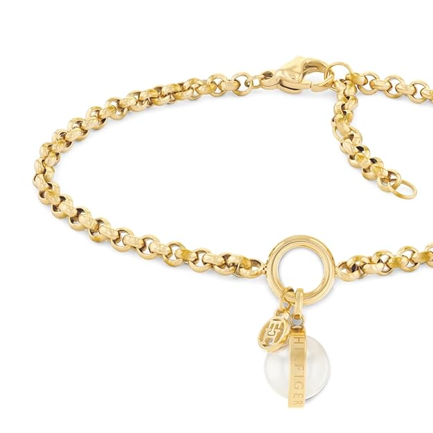 Tommy Hilfiger Women's Ionic Plated Thin Gold 2 Steel and White Pearls Bracelet - 2780765