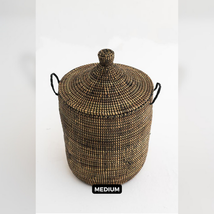 Laundry Seagrass Basket with Lid -Black Handle