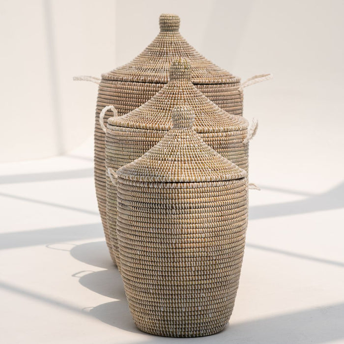 Laundry Seagrass Basket with Lid - White Handle
