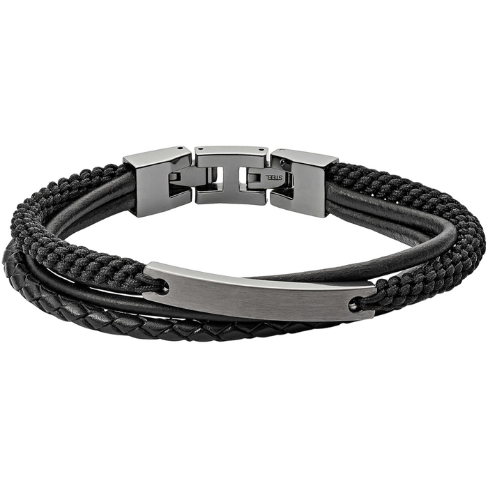 Fossil Men's Leather Vintage Casual Steel Multi Strand Bracelet with Stainless Steel Box and Tongue Closure Black