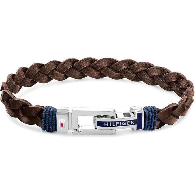 Tommy Hilfiger Men's Stainless Steel Brown Leather and Blue Cotton Bracelet - 2790309