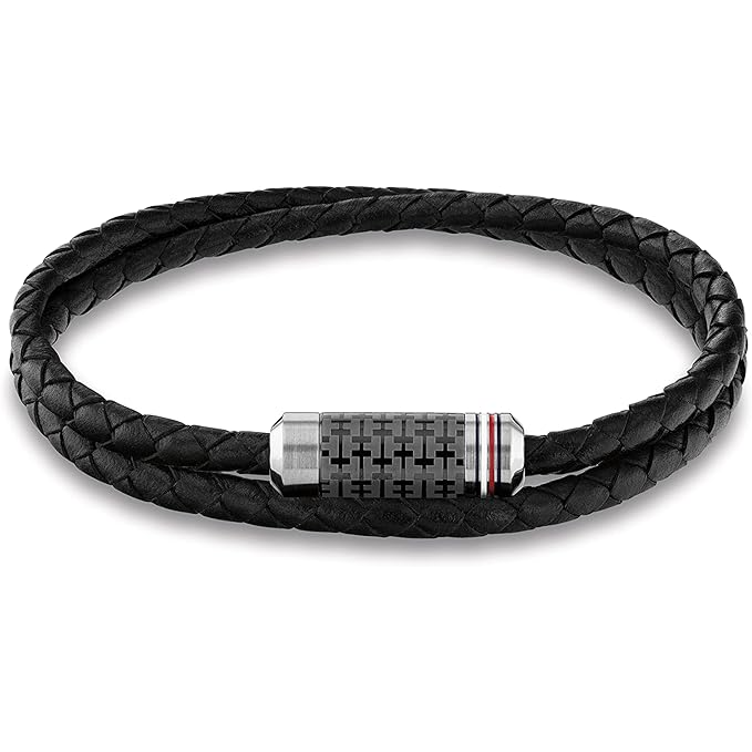 Tommy Hilfiger Men's Stainless Ionic Plated Black Steel Black Leather Bracelet - 2790327