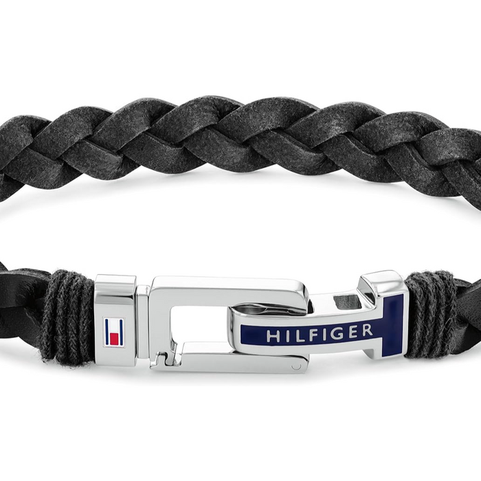 Tommy Hilfiger Men's Stainless Steel Black Leather and Black Cotton Bracelet - 2790307