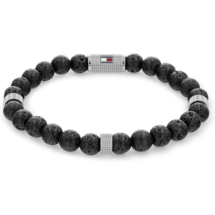 Tommy Hilfiger Men's Stainless Steel Black Lava Bead and Black Elastic Rope Bracelet - 2790435