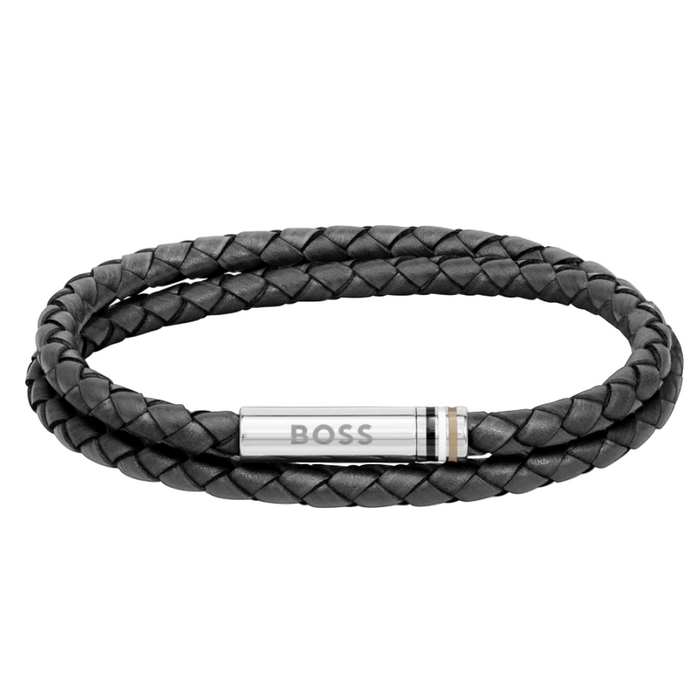 Boss Men's Stainless Steel & Black Leather Bracelet - 1580489M