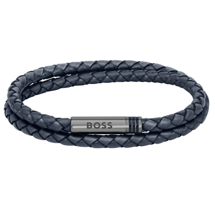 Boss Men's Ionic Plated Grey 2 Steel Blue Leather Bracelet - 1580494M