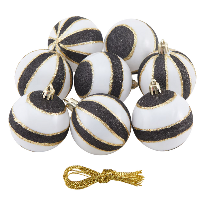 8-Pcs Two-tone Black and White Gold Glittered Baubles