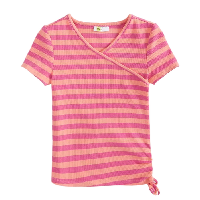 Epic Threads - Big Girls Kelsey Short-Sleeve Striped Faux-Wrap Top (14-16)