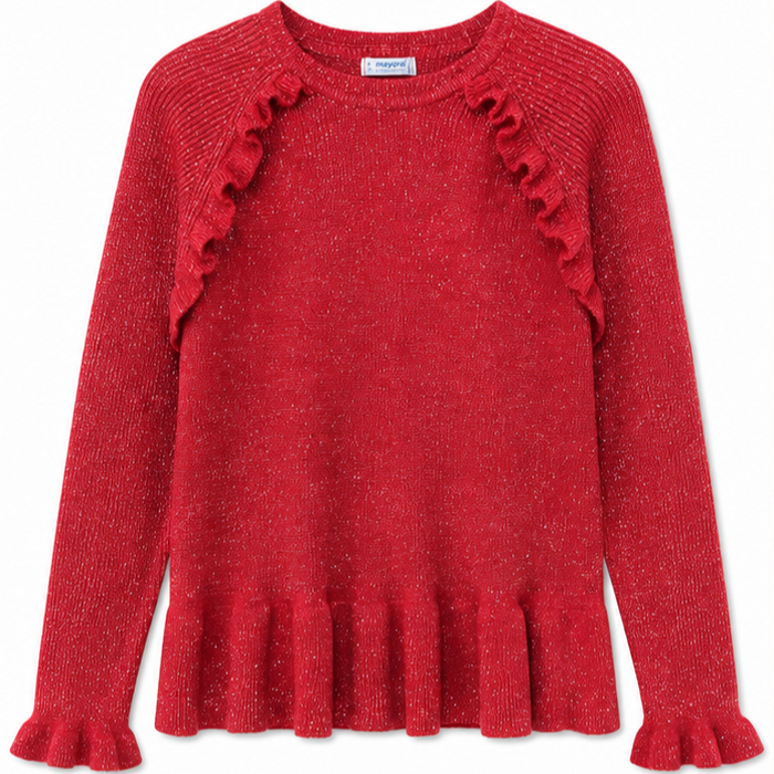 Mayoral - Big Girls Knitted Crew Neck Cardigan With Ruffle Design Red