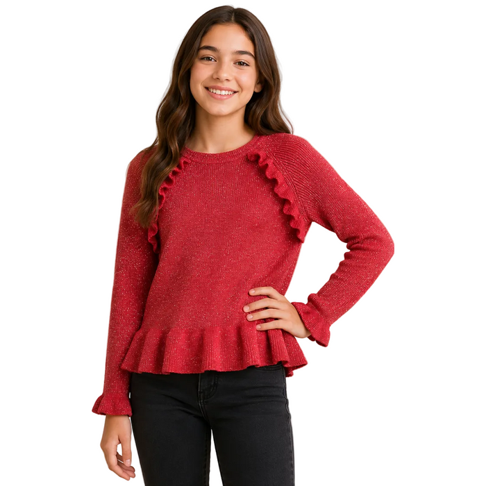 Mayoral - Big Girls Knitted Crew Neck Cardigan With Ruffle Design Red