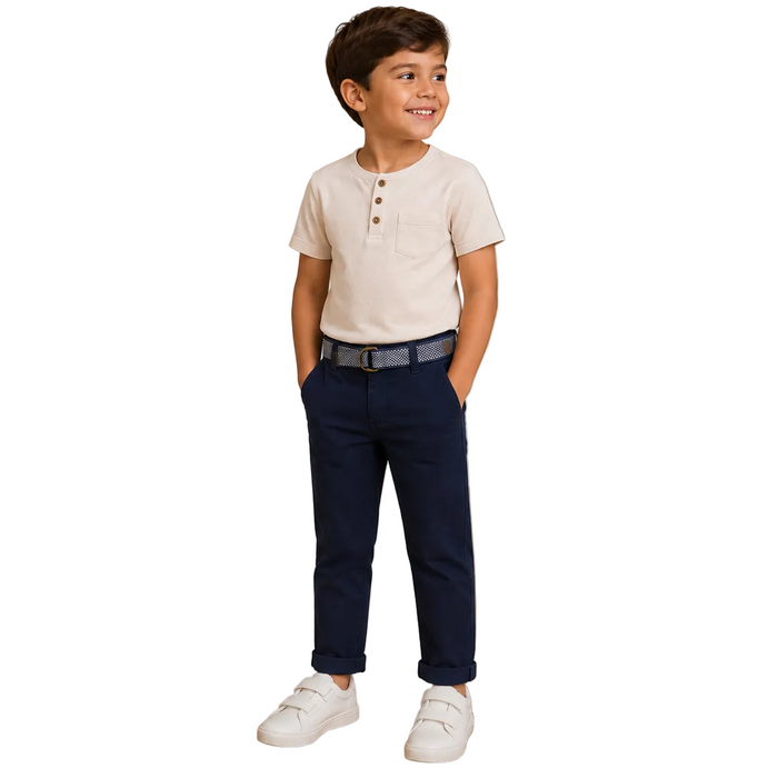 Mayoral - Little Boys Chino Navy Blue with Belt White Design