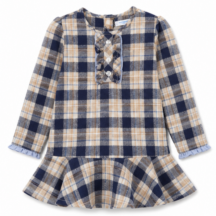 Mayoral - Little Girls Beige/Navy Blue Plaid Long Sleeve Dress