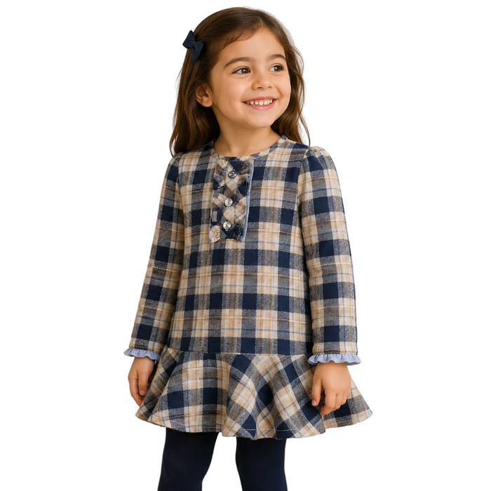 Mayoral - Little Girls Beige/Navy Blue Plaid Long Sleeve Dress