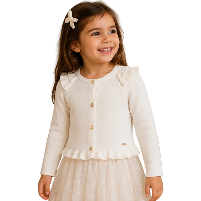 Mayoral - Little Girls White Ruffled Button Down Cardigan