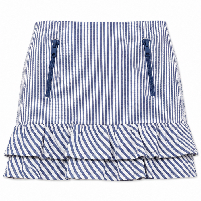 Mayoral - Big Girls Ruffled Stripes White/Blue with Zipper Design in front Skirt