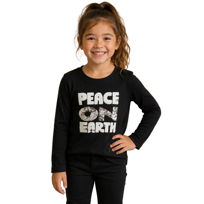 Epic Threads - Little Girls Long Sleeve Shirt Sequin Peace on Earth Design