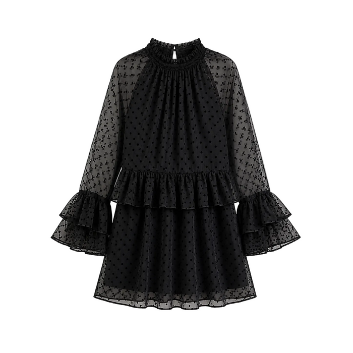 New Look - Black Polka Dot Chiffon Ruffle Long Sleeve Mini Dress (10)