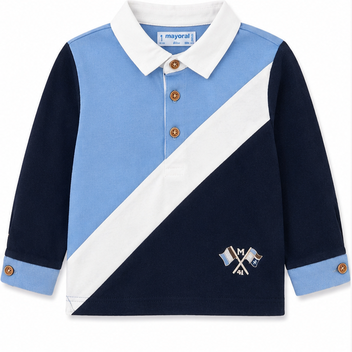 Mayoral - Little Boys Long Sleeve Polo Shirt Light Blue/White/Navy Blue