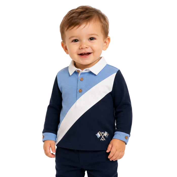 Mayoral - Little Boys Long Sleeve Polo Shirt Light Blue/White/Navy Blue