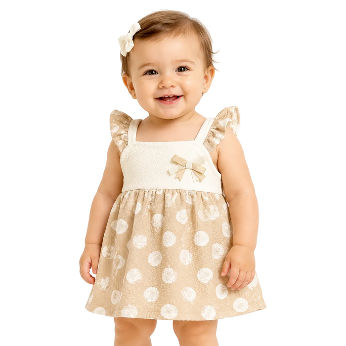 Mayoral - Little Girls Sleeveless Beige Dress White Polka Dot Design