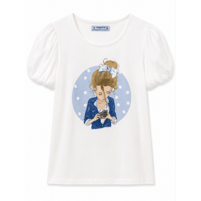 Mayoral - Big Girls Puff Sleeve White Shirt Camera Lady Print