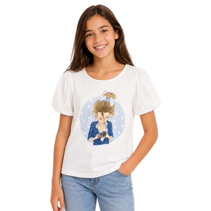 Mayoral - Big Girls Puff Sleeve White Shirt Camera Lady Print