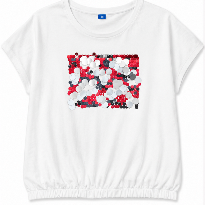 Mayoral - Big Girls White Short Sleeve Top With Sequin Design Red/Grey