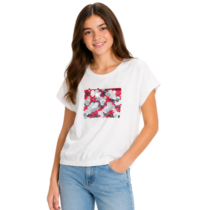 Mayoral - Big Girls White Short Sleeve Top With Sequin Design Red/Grey