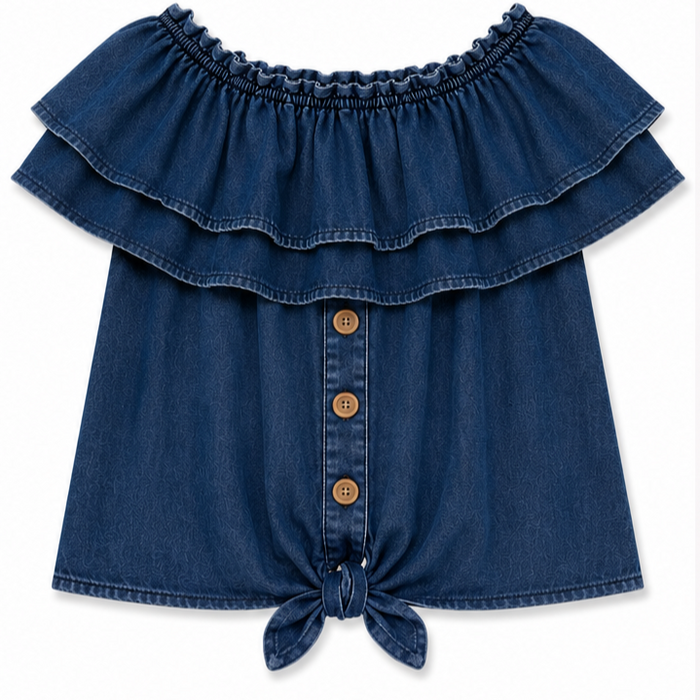 Mayoral - Big Girls Ruffled Denim Top with Buttons Design