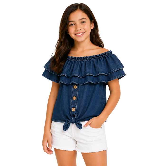 Mayoral - Big Girls Ruffled Denim Top with Buttons Design