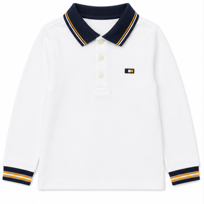 Mayoral - Little Boys Long Sleeve Polo Shirt White Blue Collar