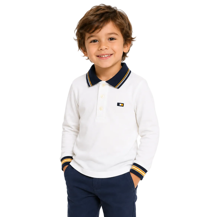 Mayoral - Little Boys Long Sleeve Polo Shirt White Blue Collar