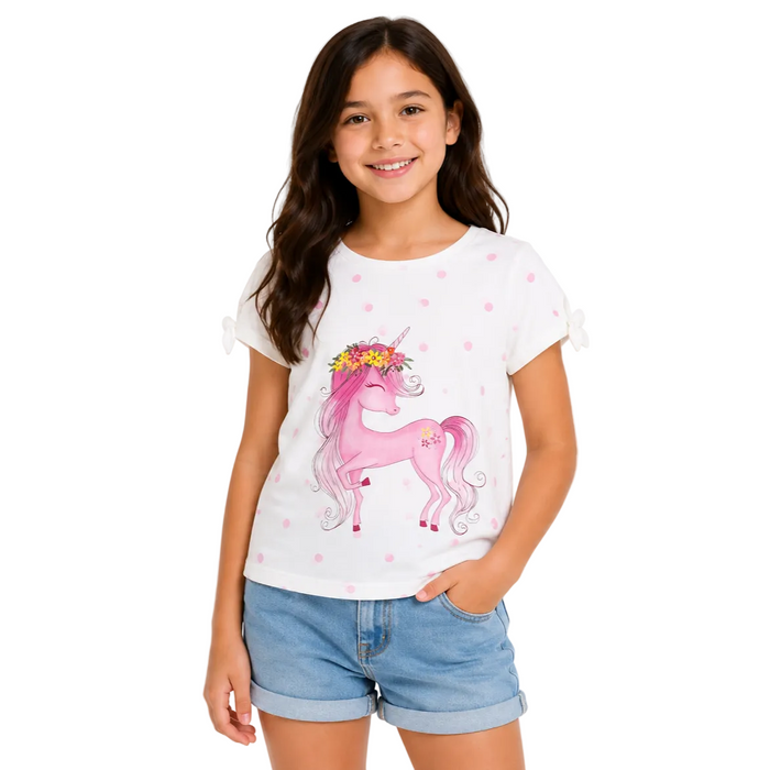 Mayoral - Big Girls Short Sleeve White Shirt Pink Unicorn Design